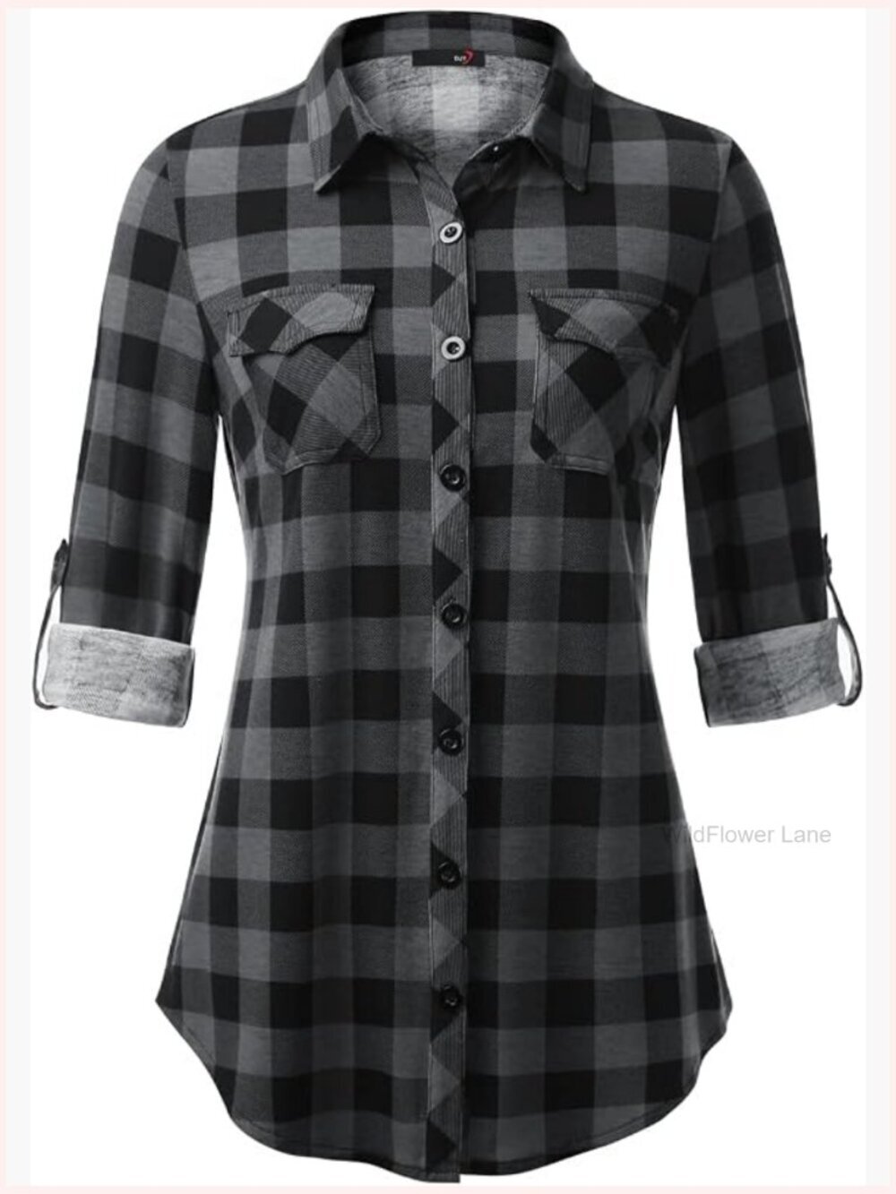 Soft Stretchy Knit Plaid Button Down Blouse Long Sleeve Roll Up Cuff